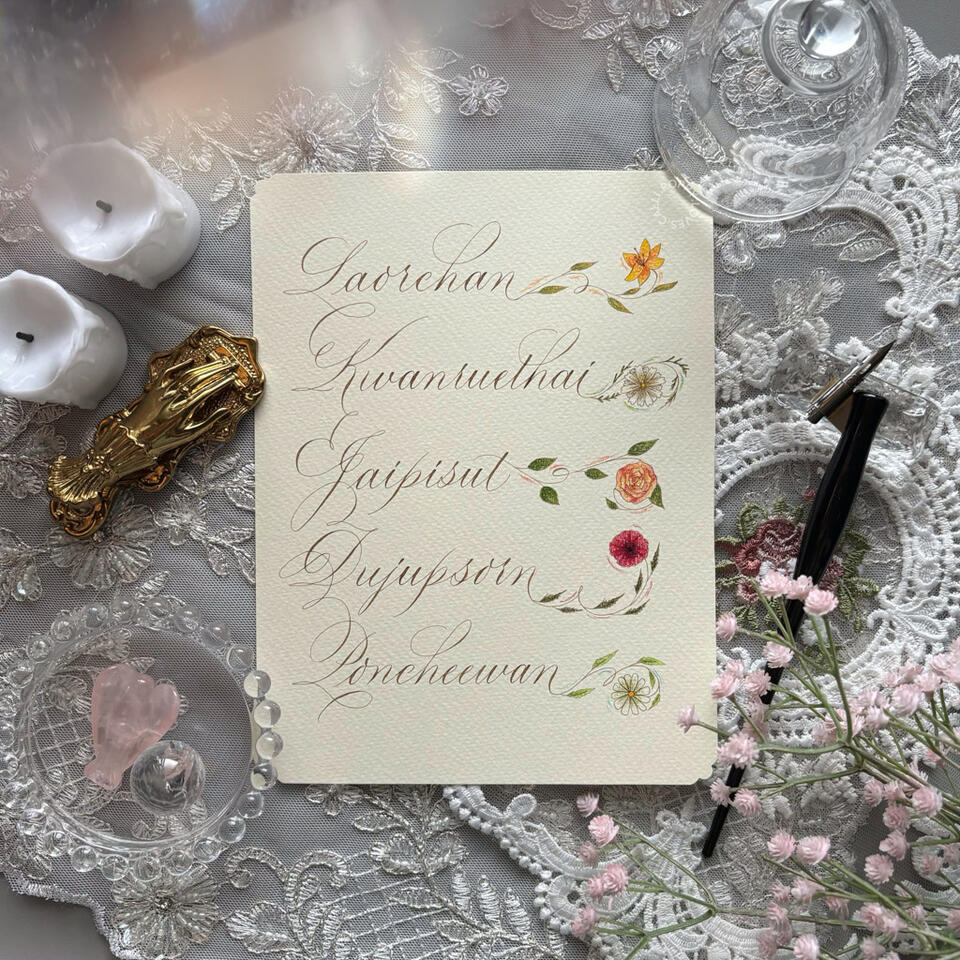 ออกแบบชื่อ "Laorchan, Kwanruethai, Jaipisut, Dujupsorn, Poncheewan" หรือ ลออจันทร์-ขวัญฤทัย-ใจพิสุทธิ์-ดุจอัปสร-พรชีวัน โดยเขียนออกมาในแบบ Calligraphy และดีไซน์การตกแต่งเป็นดอกไม้แต่ละชนิดแทนแต่ละซีรีส์ แทรกสีตามธีมแต่ละเรื่อง